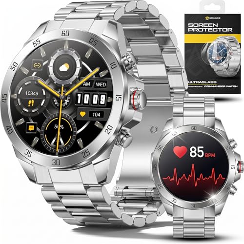 ALPHAGEAR Commander Smartwatch for Men Tactical Military Smart Watch 12-Day Battery AMOLED Display Bluetooth Calling IP68 Water Resistant Stainless Steel for Android iPhone Silver