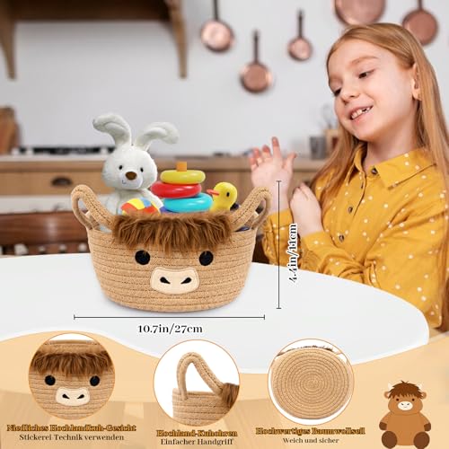 Hochland Kuh Korb aus Baumwollseil,Aufbewahrungskorb aus gewebter Baumwolle,Hochland Kuh Gewebter Aufbewahrungskorb für Spielzeug,Baumwolle Körbe Schateln für Kleinkinderzimmer