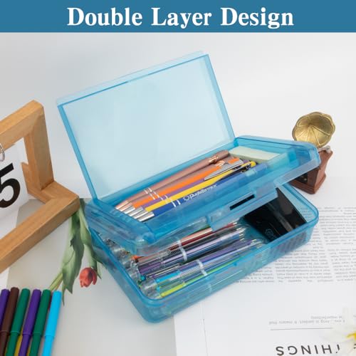 Image of Pencil Case Box, Navy Blue Double Layer Large Capacity Plastic Pencil Boxs, Hard Pen Case with Snap-tight Lid,Storage Art Craft Box Marker Organizer for Kids Boys Girls Offices Back to School Supplies