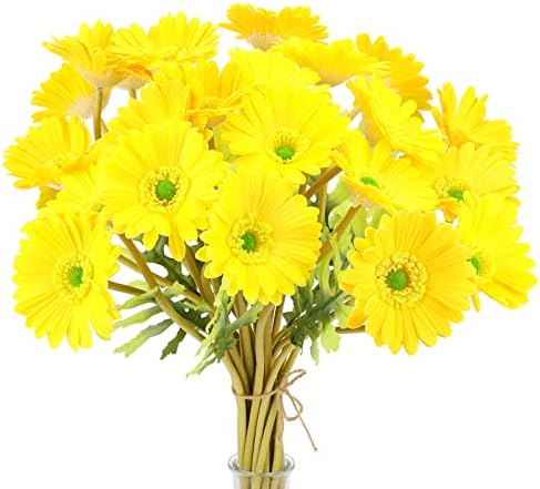 ZSHCONG 24pcs Gerbera Daisies Flowers 17.5”Length Real Touch Pu Fake Flowers Odorless Gift Box Package for Home Decorations Centerpieces Arrangement Wedding Bouquet (Yellow)