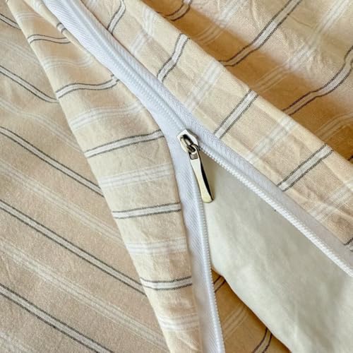 Image of PinkMemory Beige Striped Duvet Cover Set Queen 100% Washed Cotton Beige Wide and Pinstriped Pattern Bedding Duvet Cover Set with Streak Pillowcases-Ultra Soft Breathable Zipper Closure Corner Ties