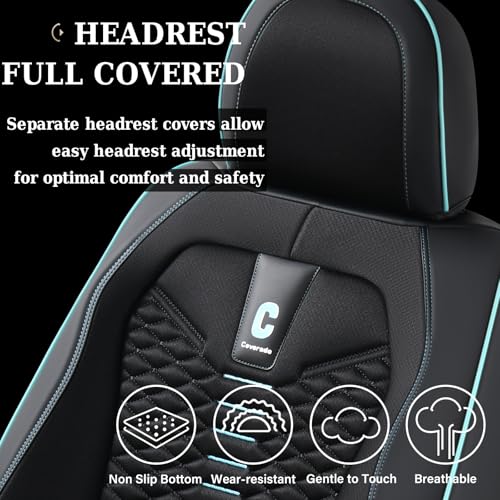 Image of Coverado Car Seat Covers Full Set, 5 Seats Universal Seat Covers for Cars, Breathable Fabric Faux Leather Auto Seat Cushions, Front and Rear Seat Protectors Fit for Most Cars, Black& Blueline