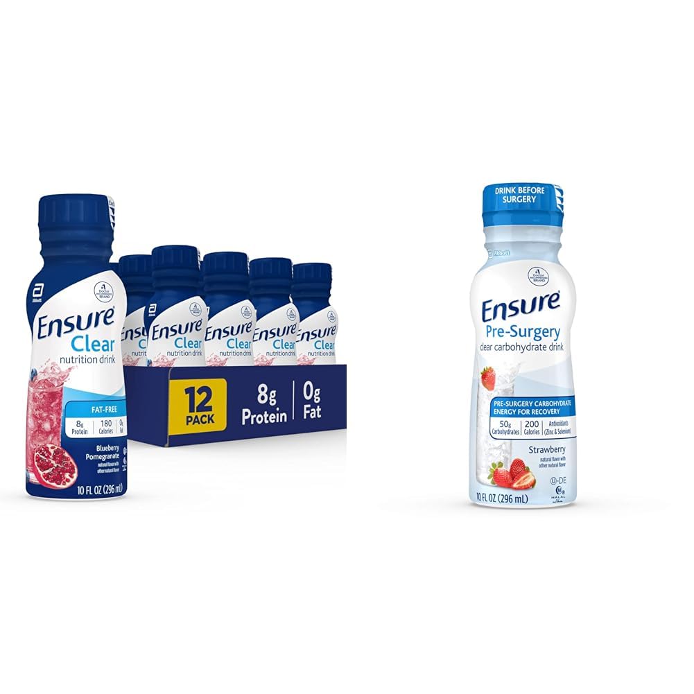 Ensure Liquid Clear Nutrition Drink, 0g fat, 8g of protein, Blueberry Pomegranate & Ensure Pre-Surgery, Clear Carbohydrate Drink, Strawberry, 10 Fl Oz (Pack of 4)