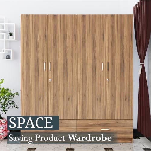 Image of VIKI Wardrobe |Wooden Almirah for 4 Door Wardrobe with 2 Split Drawer & Hanging Space (Brussel Walnut - 40D x 160W x 180.8H) | 1 Year Warranty | Free Assembly