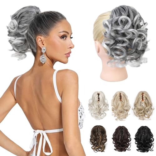 REECHO Ponytail Extension, 9" Claw Clip in Short Curly Wavy Pony Hair Extension Jaw Clip on Pony Tail HP001 Hairpiece for Women - Grey with White Ends