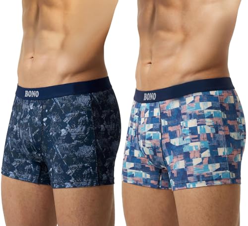 Image of BONO Men's Cotton Printed Mini Trunk Regular Fit Anti Microbiable Underwear Trunks Combo with No Marks Waistband (Pack of 2)