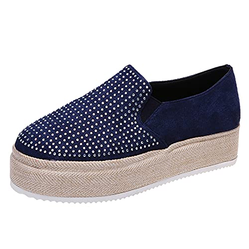 Ezeerae Women's Flats Diamond-Studded Suede Flats Round Toe Loose Espadrilles Platform Shoes Put-On Loafers Height-Increasing Shoes Blue,9.5