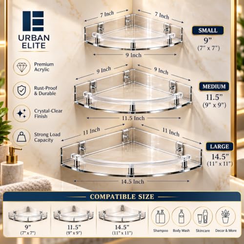 Image of Urban Elite Acrylic Bathroom Corner Shelf Set of 3 - Unbreakable Transparent Wall Mount Organizer (8 inch, 10 inch, 12 inch) | Rust-Proof, High Load Capacity Storage Rack for Bathroom, Kitchen & Home (Corner)
