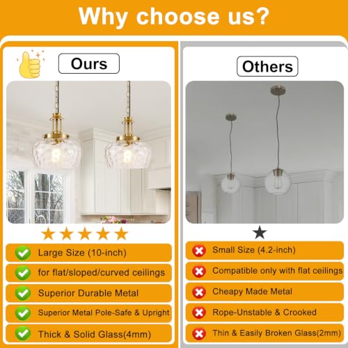 Image of Plug in Pendant Lights Kitchen Island, Modern Brushed Gold Pendant Light Fixtures with 10 inch Clear Hammered Glass Shade, Industrial Hanging Pendant Lights Fixture for Kitchen Island Dining Room Entryway