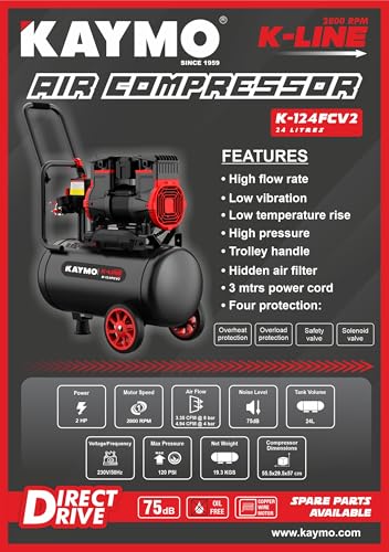 Image of Kaymo K-124FCV2 Air Compressor | 2 HP, 24L Oil-Free | 2800 RPM Copper Motor | High Flow, Low Noise, Portable with Trolley Handle | Ideal for Pneumatic Tools, Spray Painting & DIY Applications
