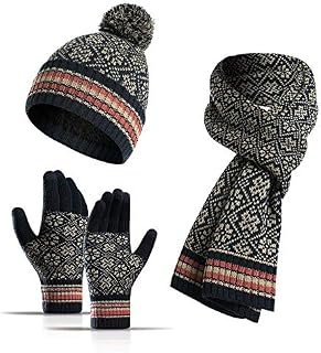 QKURT Womens Beanie Gloves Scarf Set, Winter Thermal Pom Pom Hats Mittens Neck Scarf Set for Ladies Girls Outdoor Wearing