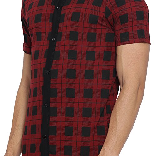 Image of CAHOOT Men Red Black Tartan Plaid Shirt for Casual Wear Spread Collar Short Sleeve Button Closure Cotton Crafted with Comfort Fit Everyday