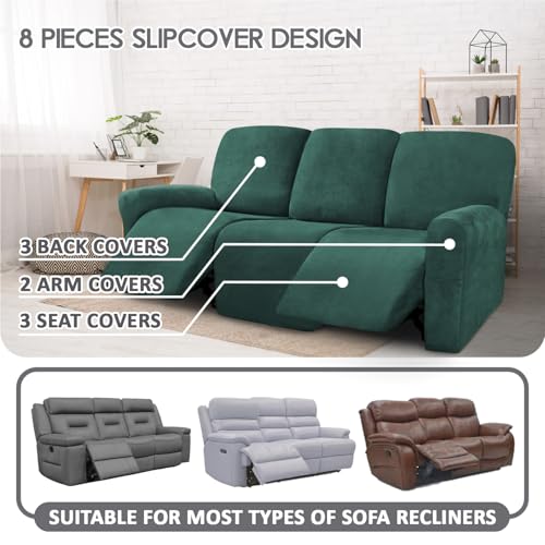 Image of ULTICOR Velvet 8-Pieces Recliner Sofa Covers Stretch Reclining Couch Covers for 3 Cushion Reclining Sofa Slipcovers Furniture Covers Thick Soft Washable (3 Seater Recliner Cover, Retro Green)