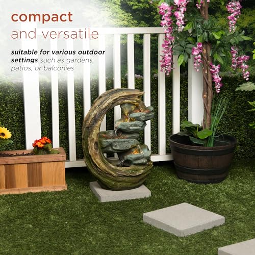 Alpine Corporation WIN1554S Outdoor Curved Trunk and Stone Floor Fountain with Warm White LED Lights, Tiered Garden Decor, 24" H, Brown - Image 5