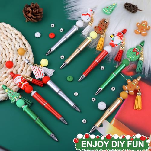 Image of CZWZ 8 Pcs Christmas Beadable Pens, Plastic Beadable Pens with Multicolor Silicone Beads, Christmas Snowman Pine Tree Floral Hoop Deer Pens for Christmas Office School Supplies