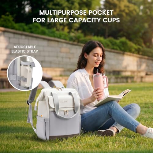Image of LOVEVOOK Laptop Backpack for Women with Giant Tumbler Holder, 15.6 Inch Work Laptop Bag with USB Port, Fashion Teacher Nurse Backpack Purse, Waterproof Travel Computer Backpack, 2PCS, Beige-Light Grey