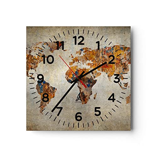 Horloge Murale Design Moderne Monde Carte Continents Géographie 40x40cm Grand Pendule Murale en Verre Cuisine Salon Chambre Silencieuse Originale Wall Clock Décoration Murale Art Wall C4AC40x40-2783