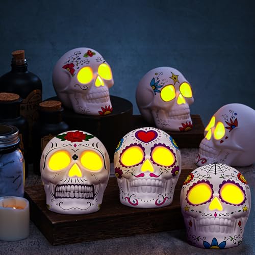 Youyole 6 Pcs Mexican Sugar Skull Decor Paint Your Own Dia De Los Muertos Decorations Ceramic Lanterns to Paint Halloween Crafts for Adult with 12 Colors Markers, Unpainted Skull Decor for DIY Project