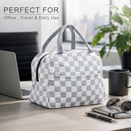 Image of The Earth Store White Check Insulated Lunch Bag for Office, Men, Women | Travel Tiffin Bag with Handle, Waterproof & Leakproof | Reusable Thermal Lunch Box Bags