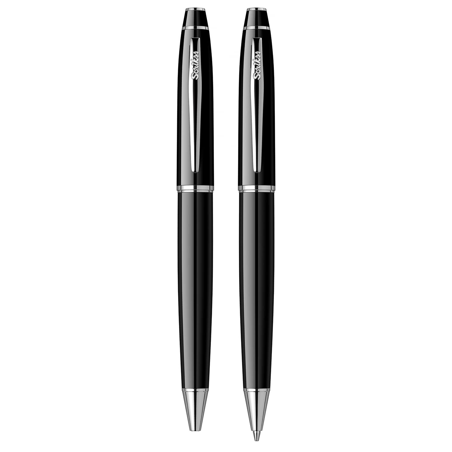 Scrikss Zestaw ołówków i długopisów mechanicznych 0,7 mm, korpus z czarnego mosiądzu, chromowane wykończenia, seria Noble 35, zestaw długopisów prezentowych, nowoczesny i elegancki długopis, idealny