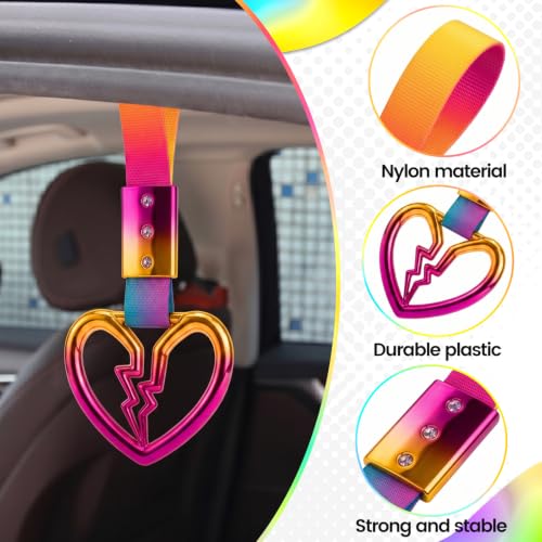 Image of 2PCS Heart Shaped Car Handle Straps, Rear Bumper Warning Keychain Ring for Car Exterior Accessories (Chrome Rainbow Broken Heart - Rainbow)