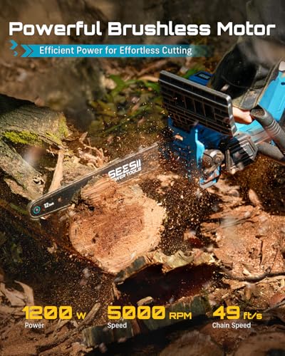 Image of SEESII Electric Chainsaw Cordless 12-inch: Brushless Battery Powered Small Chainsaw, 2 x 4.0Ah Batteries, Auto-Tension and Oiling Mini Chain Saw for Christmas Dad Men Gifts, Tree Cutting Trimming