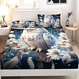 AILONEN White Owl Dreamcatcher Bed Sheets Set, Queen Size,Boho Floral Feathers Bedding Sets for Kids Teens Adults,Bohemian Style Animal Fitted Sheet Set with 2 Pillowcase
