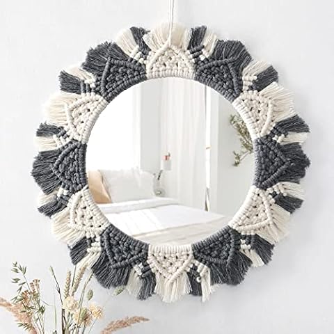 SOMYTING Wall Mirror 38 cm Round Mirror with Macrame Fringe Boho Decoration Hanging Wall Decoration Art Decoration for Home Bedroom Living Room Baby Room (Grey & Beige) Cover