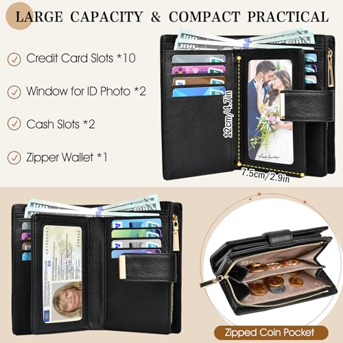 BKNOOU Small Wallets for Women RFID Blocking Leather Wristlet Wallet Ladies Wallet Card Holder Compact Bifold Wallet with Coin Pocket (Black)2