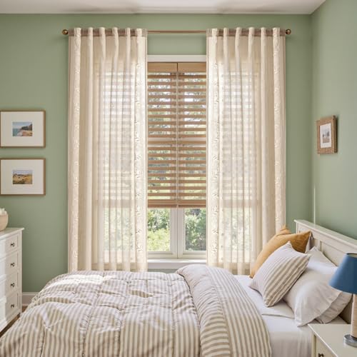 Image of jinchan Winslow Sheer Curtains 96 Inch for Bedroom Living Room Embroidered Bordered Floral Nursery Curtains for Boy's Room Light Filtering Window Treatments, Ivory on Beige, 2 Panels, 50 inch x 96 inch