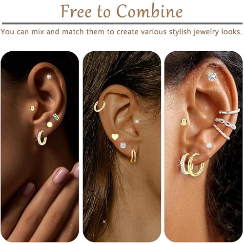 14 Pairs Gold Plated Surgical Steel Earrings Set,Suitable for Hoop Earrings Flat Back Stud Hypoallergenic Cartilage Earring for Women Men Girls Helix Piercing Stud Jewelry2