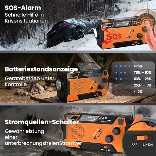 Extralink Kurbelradio Notfallradio mit Solar & Kurbel, Ladefunktion 4000 mAh mit integrierten Ladekabeln, FM/AM Radio, LED Taschenlampe & Leselicht, SOS Alarm - für Blackout, Camping & Outdoor – Bild 7