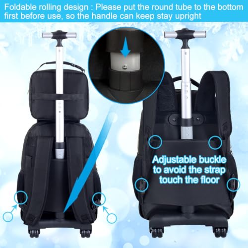 3Pcs Rolling Backpack for Boys Men, 19 Inche Adults Roller Backpacks with Wheels, School Wheeled Bookbag with Lunch Box(Black)3