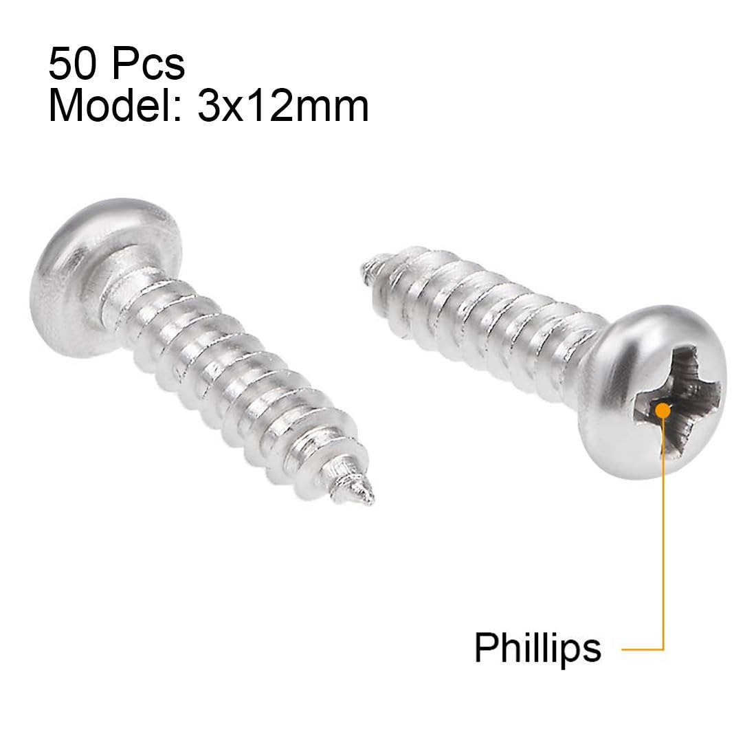 TA-VIGOR 50Pcs Self Tapping Screws, M3 Phillips Pan Head Screw, 12mm Round Head Tapping Screws - Image 2