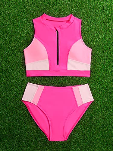 Image of COZYEASE Girls' 2 Piece Swimsuits Colorblock Zipper Front Cute Bikini Set High Waisted Bathing Suit Hot Pink 11 Years