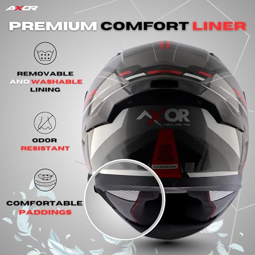 Image of Axor Apex Turbine ISI ECE DOT Certified Full Face Dual Visor Helmet for Men and Women with Pinlock Fitted Outer Clear Visor and Inner Smoke Sun Visor Black Red Grey Helmet-XL