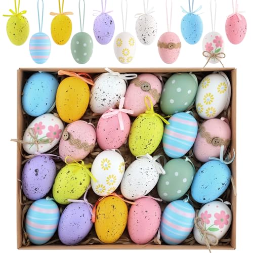 24 Stück Ostereier zum Aufhängen für Osterdeko, 4 cm Bunte künstliche Ostereier aus Kunststoff für Ostern Deko, Mini Eier mit Band für Osterstrauch Frühlingsdeko Zuhause