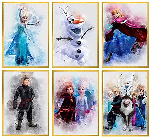 Frozen Wall Decor Posters for Girls Room â€“ Unframed Set of 6 Prints, 8x10 Inch, Watercolor Art Pictures of Elsa Anna Olaf Kristoff Sven for Tween Girl, Kids Bedroom Playroom Birthday Party Decoration Frozen 1 2