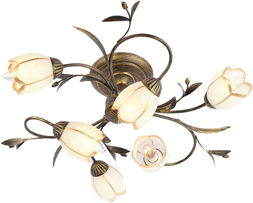 Flower Semi Flush Mount Ceiling Light, Rustic Ceiling Fixture with Frosted Glass Shade, Sputnik Chandelier for Kitchen Bedroom (6 Lights)