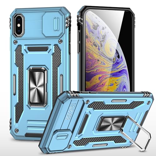 Image of Polycarbonate Slide Camera Cover with Ring Holder Mobile Phone Back Cover for iPhone X /XS (Blue)