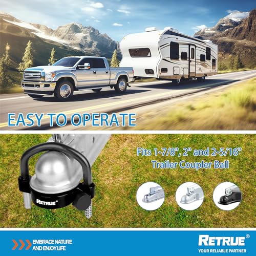 Image of RETRUE Universal Trailer Ball Lock Hitch Coupler Locks Fits 1-7 /8 Inch, 2 Inch, 2-5 /16 Inch Couplers Adjustable Security with Weatherproof Cover and Cap, Black