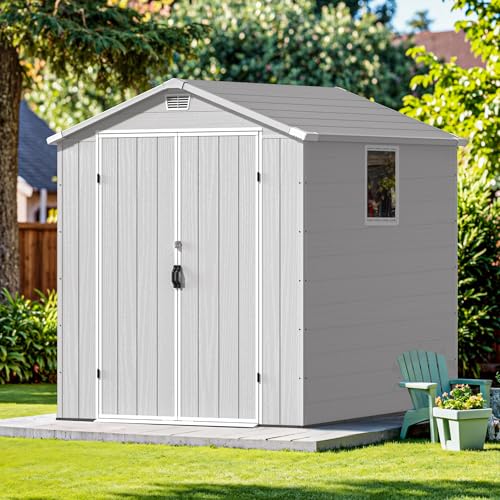 Image of Devoko 6x6 FT Plastic Outdoor Storage Shed - Lockable Resin Tool Shed with Window & Floor - Easy Assembly for Garden, Backyard, Light Gray