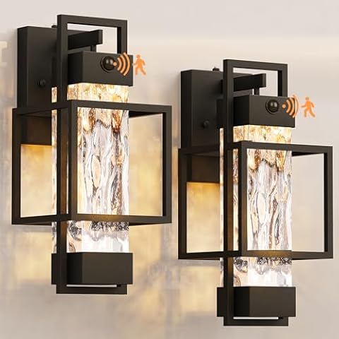 PARTPHONER Modern Motion Sensor Outdoor Wall Lights 2 Pack, 15" Exterior Wall Sconce Waterproof Porch Light, Outside Light for House with Water Glass for Garage Doorway Cover