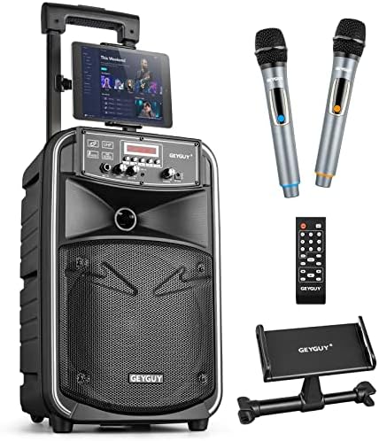 Portable Bluetooth PA Speaker System with Wireless UHF Microphone,GEYGUY,Rechargeable Karaoke Machine,8 inch Subwoofer,LED/TWS/LINE in/FM (GTSK8-2)