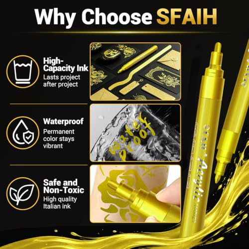 Image of SFAIH Gold Paint Pens 8-Pack 0.7MM Fine & 2-3MM Medium Tips