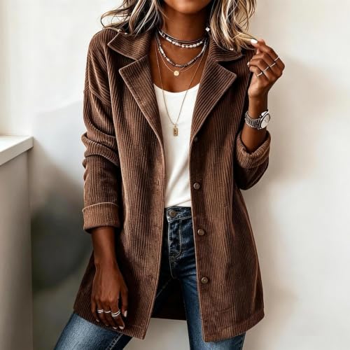 Fall Casual Jackets for Women 2026 Corduroy Blazer Women Longline Lapel Button Down Casual Work Office Jacket Capsule Wardrobe 2026 Over 50 Brown S Chamarras para Mujer - image 2