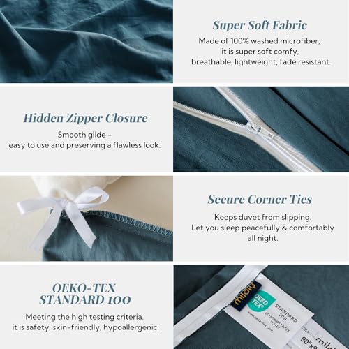 Image of MILDLY Duvet Cover Cal King Ultra Soft Bedding Set 3pcs, Peacock Blue | Washed Microfiber Cotton-Like, Breathable Comfort, Hidden Zipper, 8 Corner Ties, OEKO-TEX Certified, Fade Resistant
