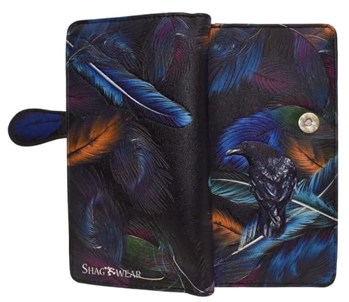 Shag Wear Raven Feather Large Wallet for Women and Teen Girls Vegan Faux Leather Black 7"3