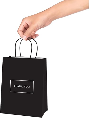 Miniatura 2 de Purple Q Crafts Bolsas pequeñas de papel de regalo de agradecimiento con asas, 8 x 4 x 10 pulgadas, 50 bolsas de compras negras de alta calidad con