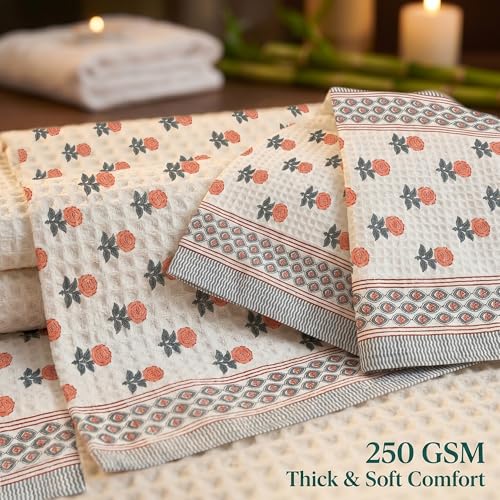 Image of Mafatlal Madhuban Super Absorbent Cotton Set (1 Bath 147x76 cm + 2 Hand 76x38 cm) | 250 GSM | Hand Printed Floral | Tea Rose